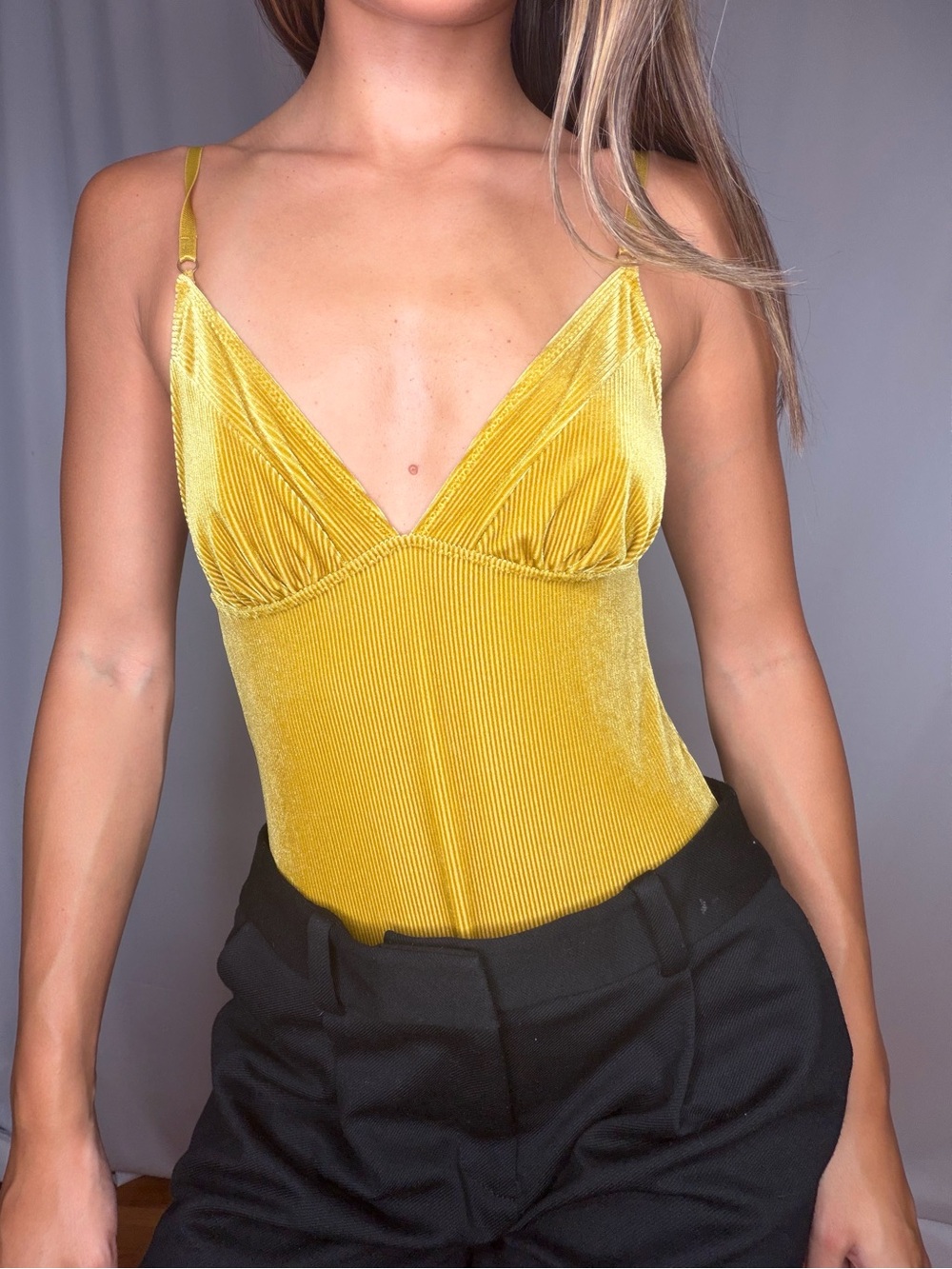 Mustard Yellow Velvet V-Neck Spaghetti Strap Top